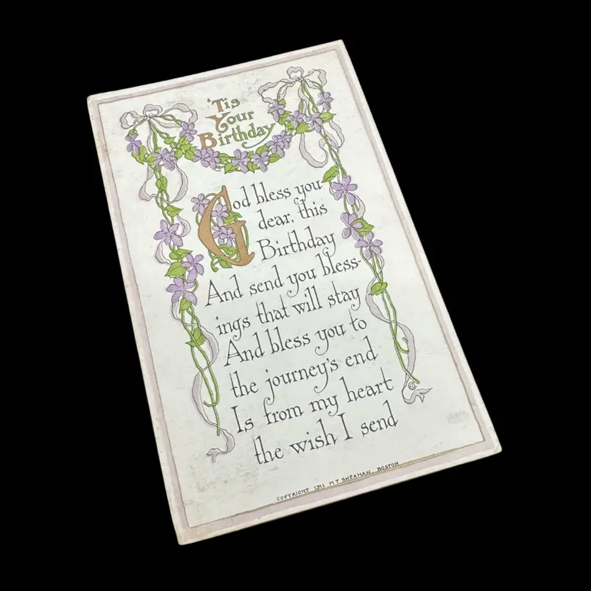 “Tis Your Birthday” Purple Floral Swag Antique Postcard, M.T. Sheahan c1911, Marked And Posted