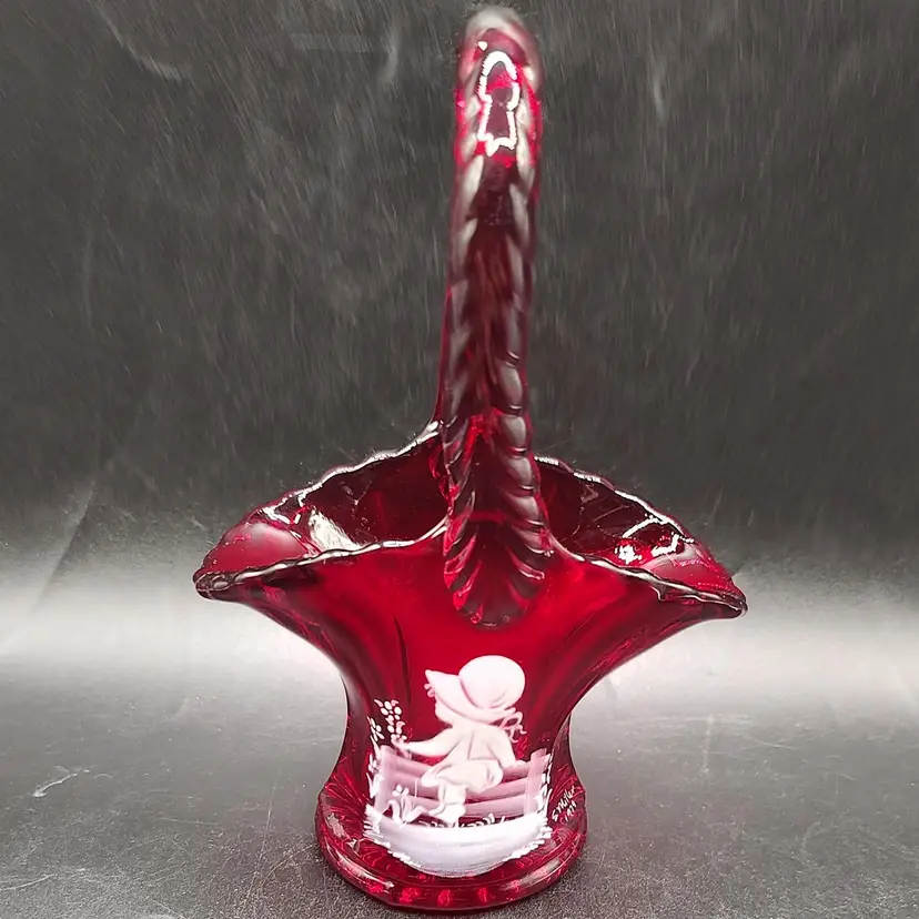 Vtg 1979 Westmoreland Ruby Red Hand Painted And Signed Glass Basket Glows