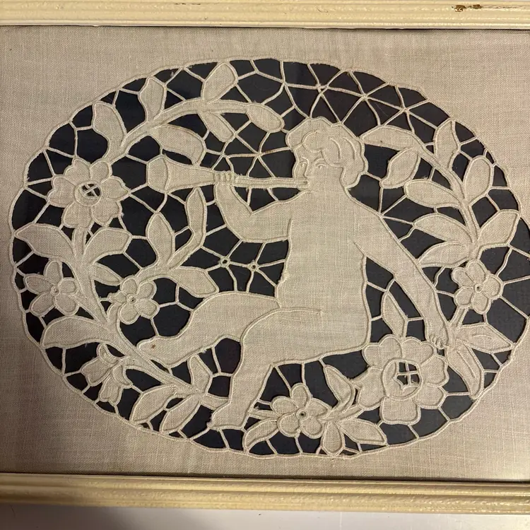 Vintage Handmade Lace Linen Cutout Cherub Or Putto Motif Wall Art