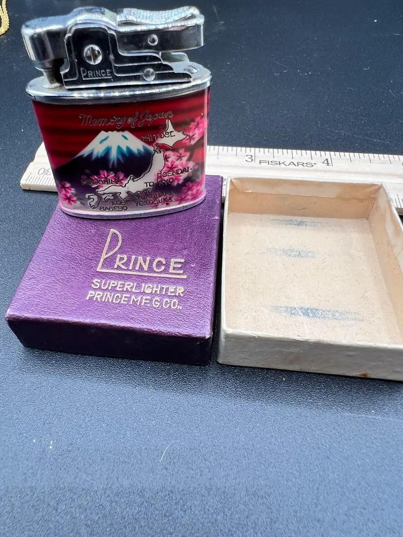 #1036B New in Box Vintage Memory of Japan Cigarette Lighter with Mount Fuji and the Islands of Japan Made by the Prince Mfg. Co Superlighter