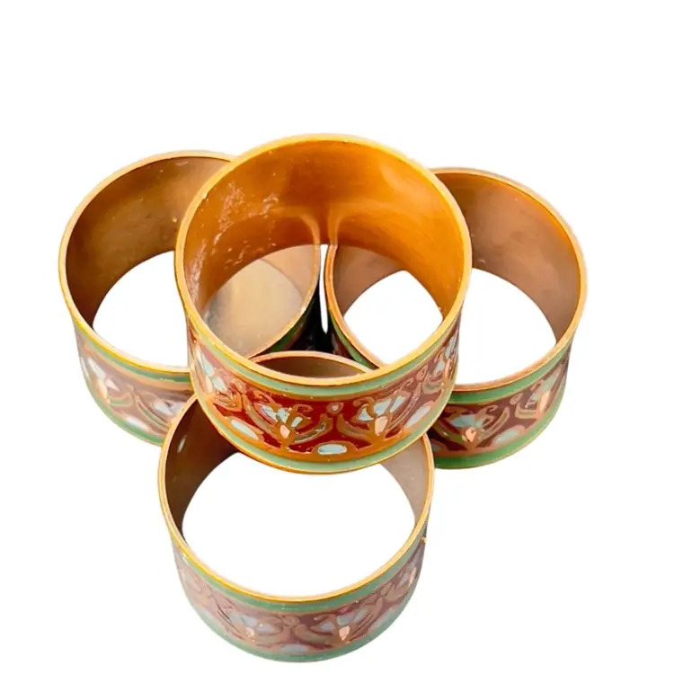4pc COPPER NAPKIN RINGS 
Cloisonné Red Green Enamel