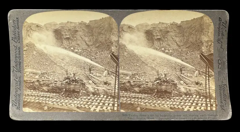 Real Photo Stereoview Stereograph Card Seattle Washington Hydraulic Underwood