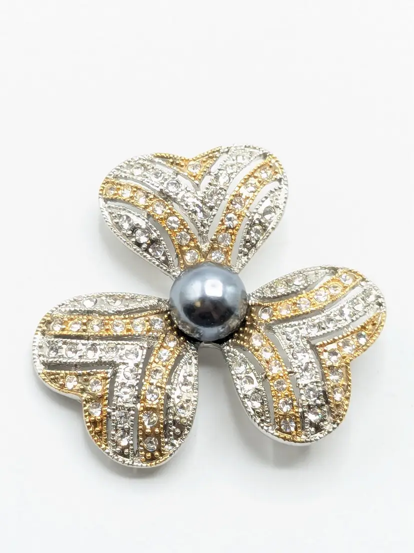 Vintage Rhinestone Flower Brooch with Faux Pearl Center