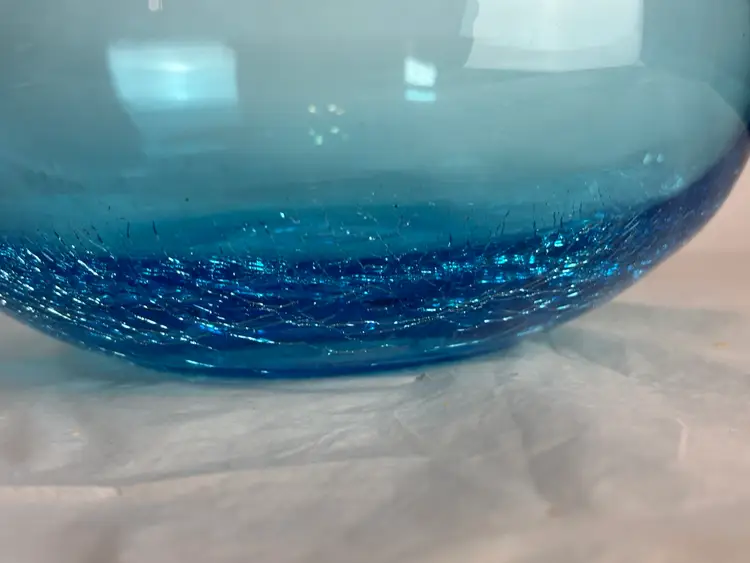 Hand Blown Crackle Glass Large Aqua Blue Bottle Vase 9"