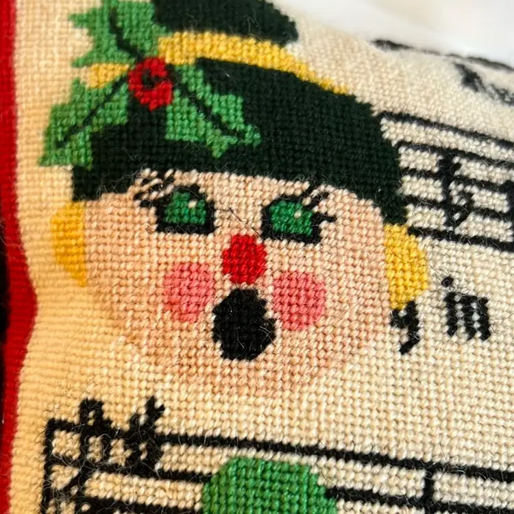 Vintage Adorable! Hand Embroidered Christmas Carolers Pillow 12"