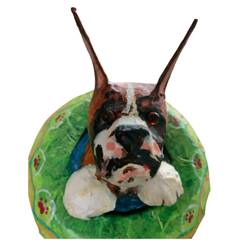 Unique Paper Mache Boxer Dog. Weirdo Handmade And Hand Painted. Approximately 10” Tall. Signed By The Artist.