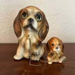 Vintage MCM Big Eyed Cocker Spaniel Dog w Leashed Puppies JAPAN Brinn's Foil Sticker