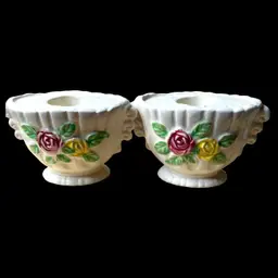 A Pair OfPink And Yellow Floral Ceramic Candle Stick Holders 3.5" X 2.75"