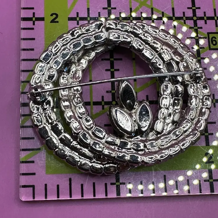 Vintage Clear Red Rhinestone Silver Tone Wreath Brooch