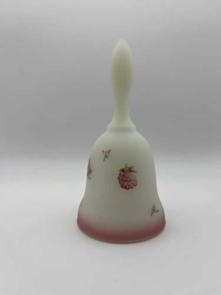 Signed Hand-Painted Fenton Glass Bell Pink Flowers Blossoms & Berries