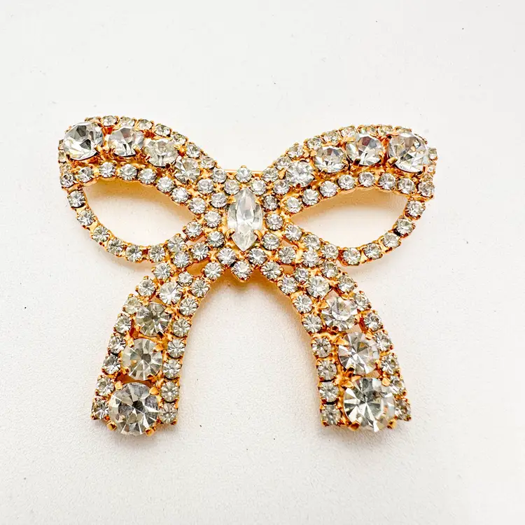 Rhinestone Bow Gold Tone Sparkly Bling Brooch 2.5"W 2"L