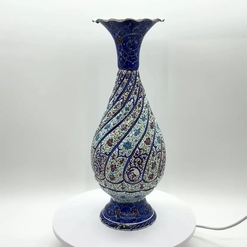 Persian Minakari Enamel Copper Metal Vase Hand-Painted Signed 8" Boho Blue Green