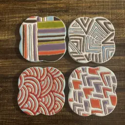 Anthropology Pottery Ceremic Coasters Geometric Colorful Set Of 4