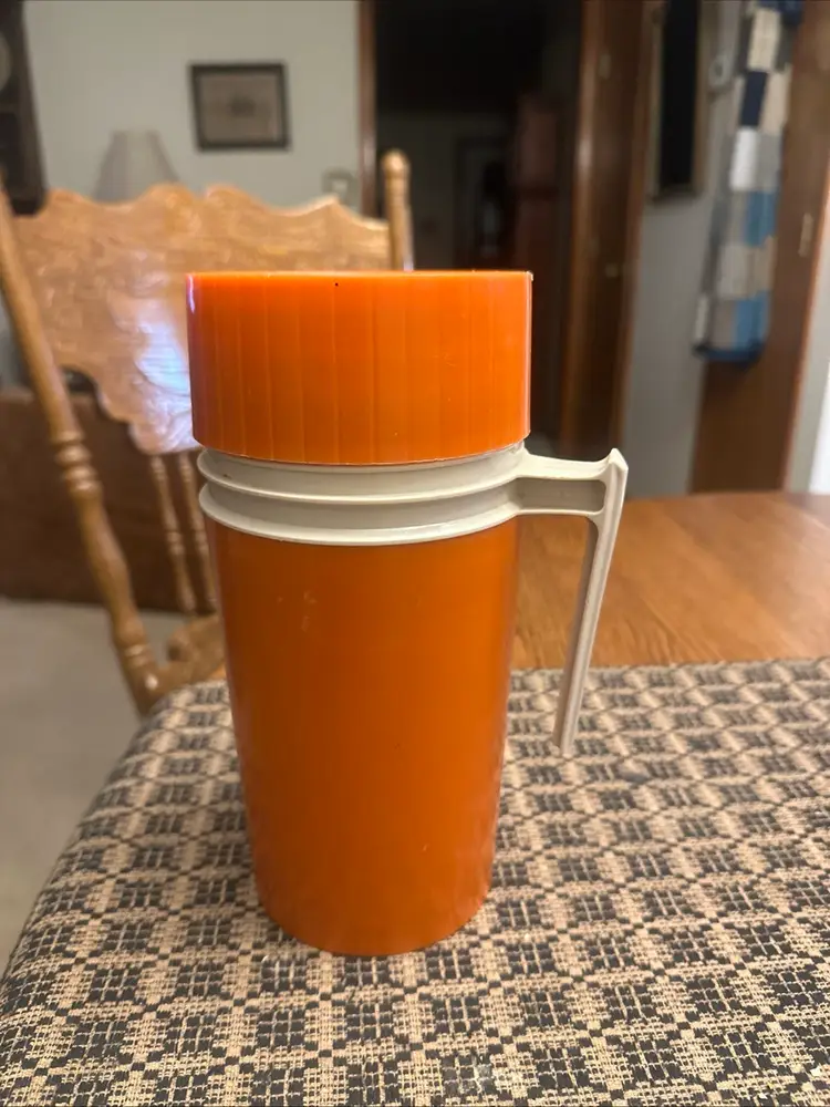 Vintage Thermos 7202 Pint Vacuum Bottle Bright Orange with Handle, Stopper & Cup