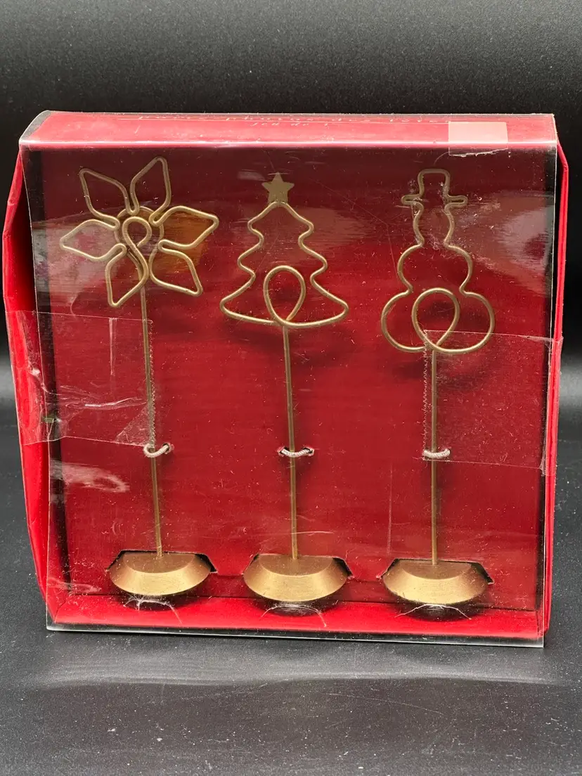 PIER 1 IMPORTS CHRISTMAS Card/Photo Display Holders (3) Gold Metal - NWT - 6”