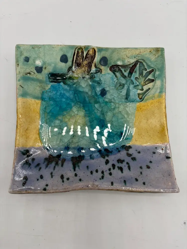 Studio Pottery Colorful Marble Melt Dragonfly Trinket Dish 5” X 5”