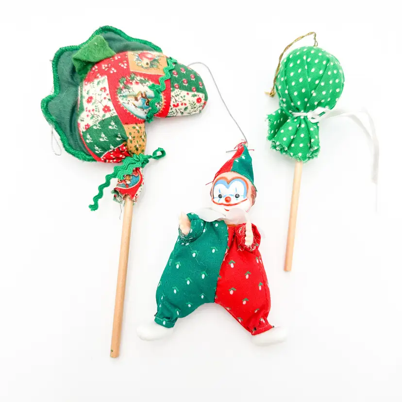 Vintage Handmade Fabric Christmas Ornaments Clown, Horse, Lollipop, Lot of 3
