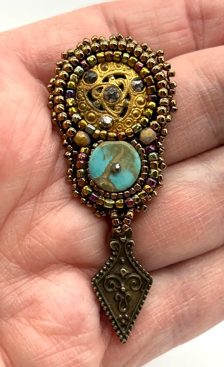 Hand Made Antique Button And Turquoise Bead Embroidered Earrings