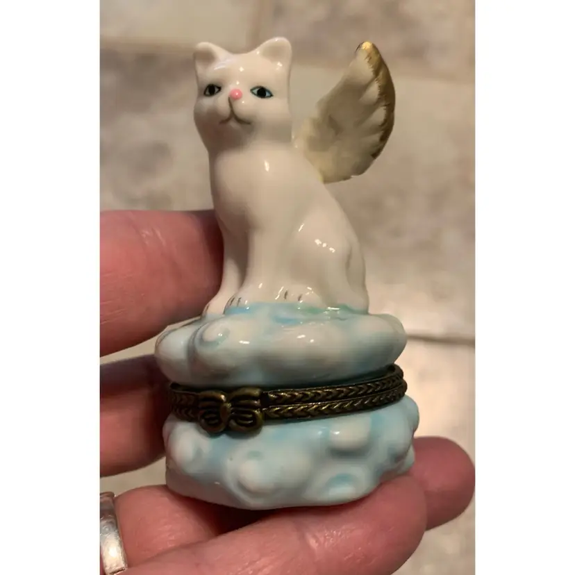 Cat Angel Hinged Porcelain Trinket Box. Approximately 3” Tall.