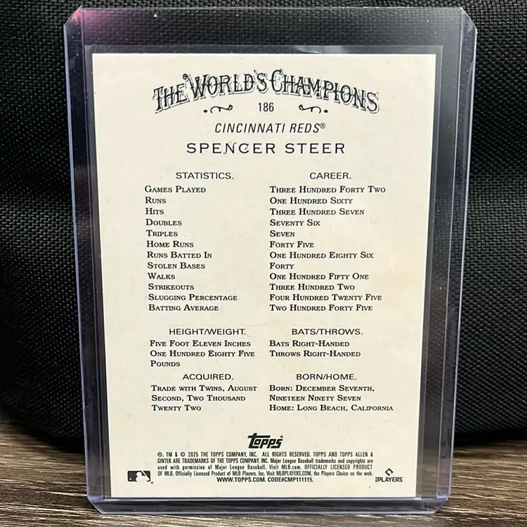 2025 Topps Allen & Ginter “Foil Filagree” parallel of Spencer Steer from the Cincinnati Red