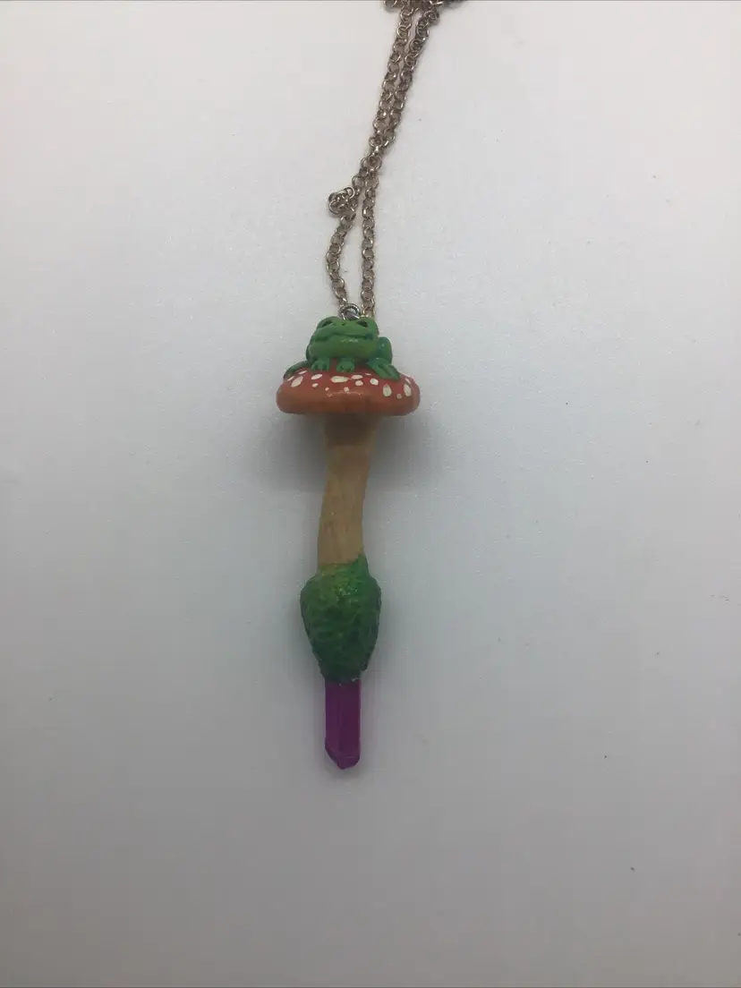 Toadstool Green Frog Mushroom dyed quartz crystal amethyst necklace