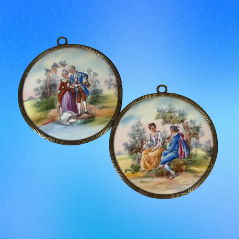 Vintage Pair of Czech Porcelain Wall Plaques – Romantic Courting Scenes – Brass Frames – Made in Czechoslovakia