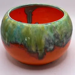 Mid Century Modern USA Pottery Orange And Green Drip Planter