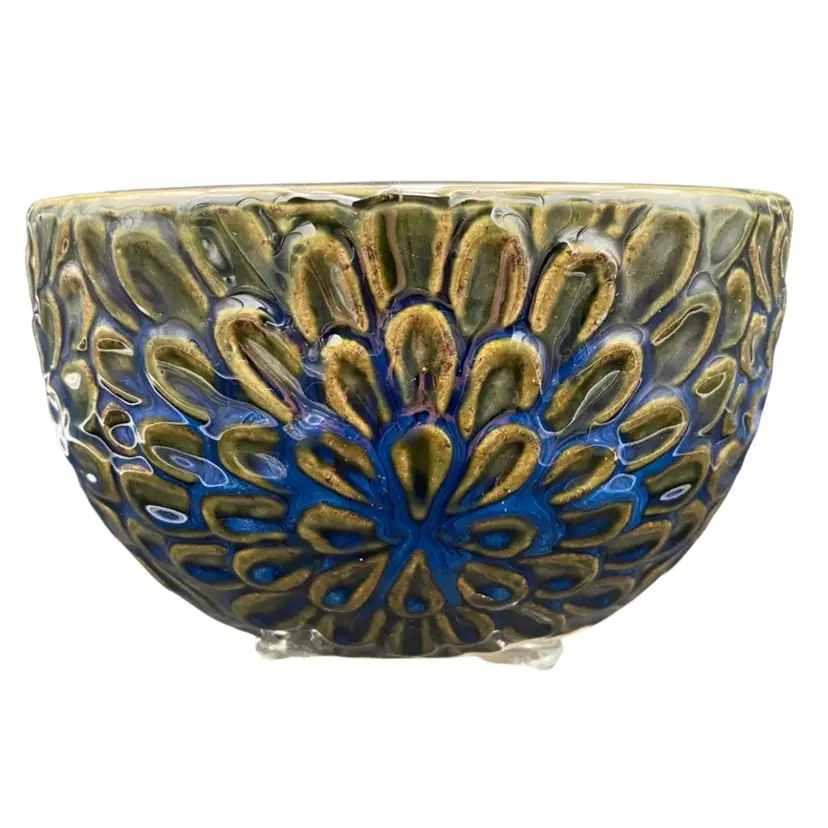 Ceramic Planter, Embossed Chrysanthemum Flowers, Blue & Green