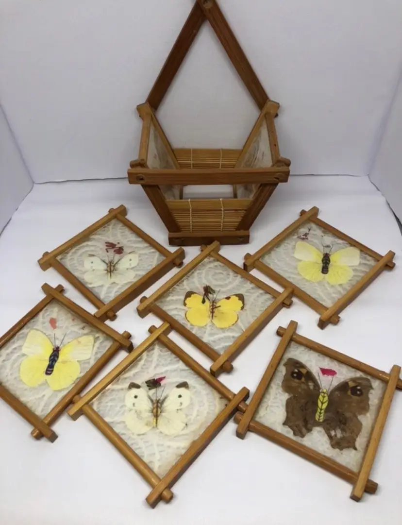 Vintage Bamboo & Butterflies Square Drink Coasters with Carrier