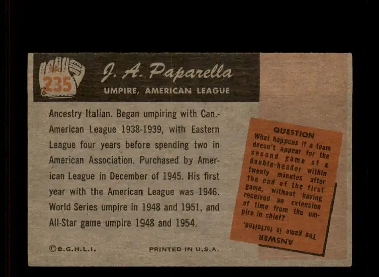 1955 Bowman #235 J.A. Paparella - (pk-tl3) -