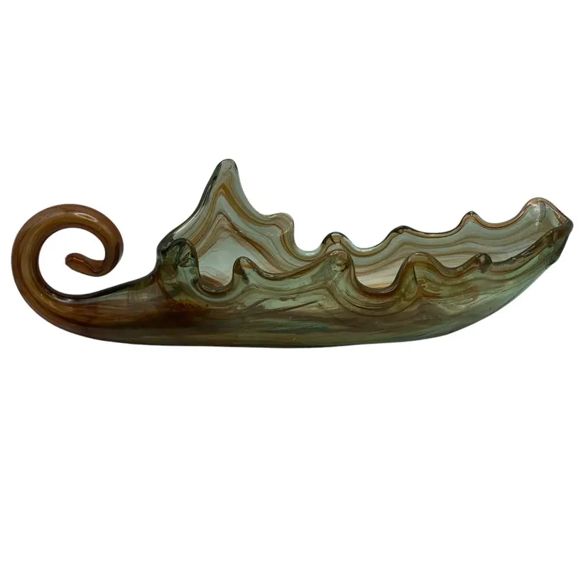 Hand Blown Sooner Glass Swirl Art Leaf Sleigh Cornucopia Centerpiece Vintage