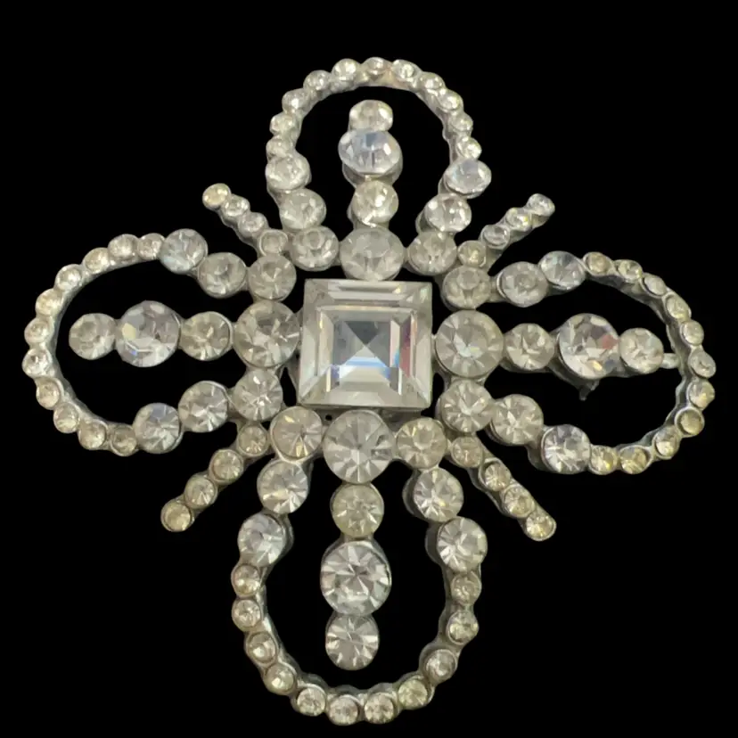Vintage Art Deco Silver Tone And Rhinestones 2.5” Emerald Cut Center Crystal, Stunner!!!