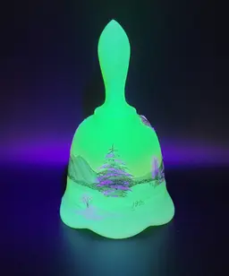 Vintage 1978 Fenton Satin Custard Uranium Bell Hand Painted Signed Winter Church