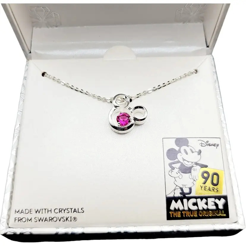 NIB Disney Silver Plated Mickey Mouse Necklace With Pink Swarovski Crystal