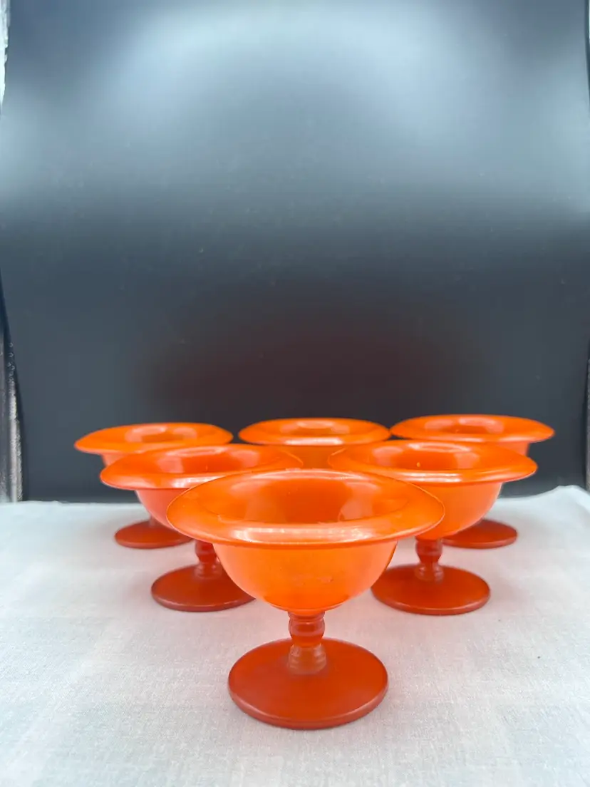 BEAUTIFUL SET OF 6 VINTAGE ORANGE ROLLED RIM PEDESTAL SHERBET CUPS