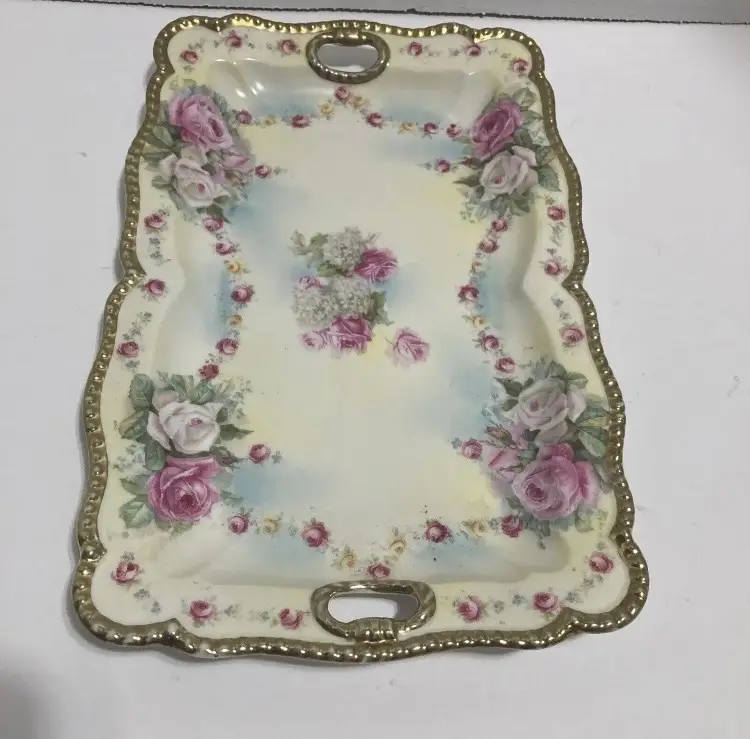 RS Prussia Porcelain Handled Serving Vanity Dresser Tray Pink Roses & Blue