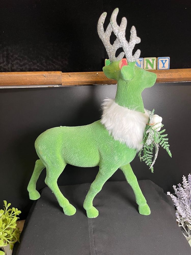 Retro 16" Green Flocked Reindeer w/ Silver Glittered Antlers & White Faux Fur w/ Greenery Embellishment at Neck-Lot 60