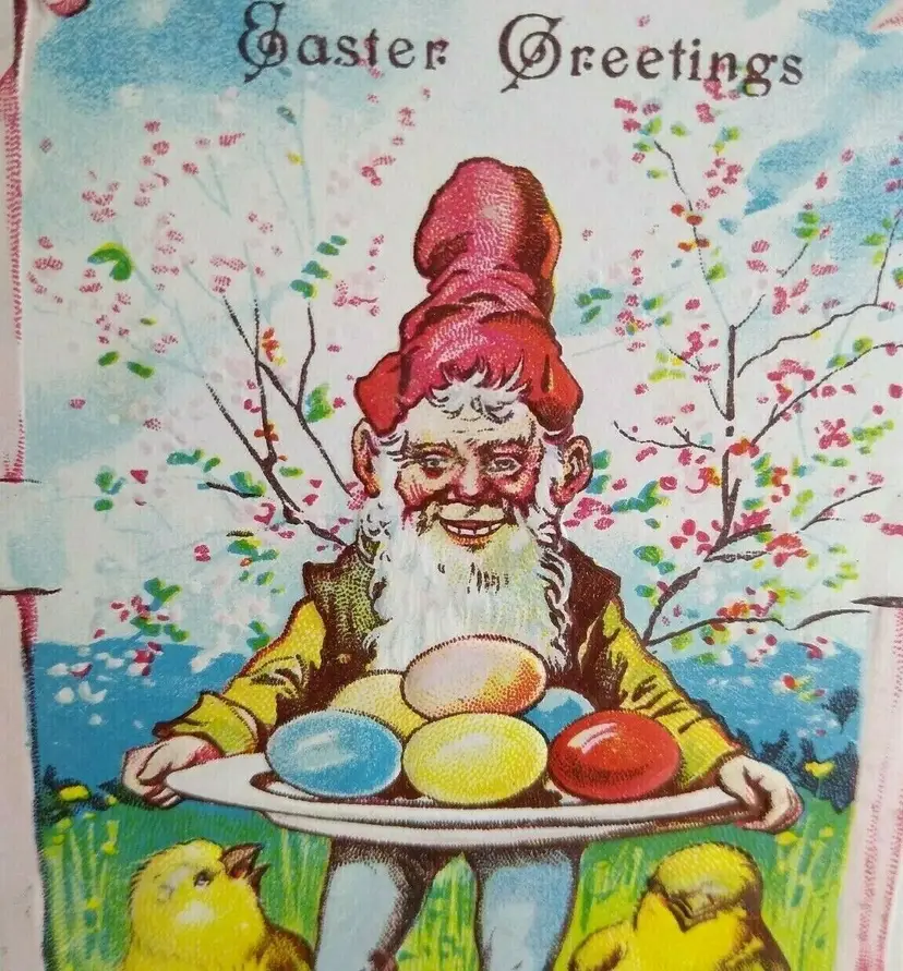 Easter Postcard Dwarf Gnome Elf Chicks Fantasy Embossed Original Vintage Germany