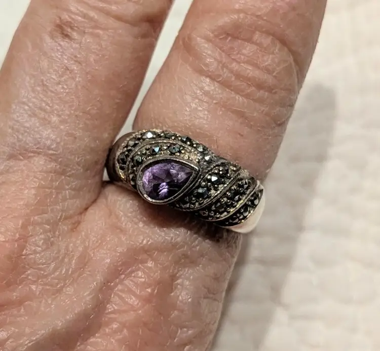 Vintage Sterling Silver Amethyst and Marcasite Decorative Band, Size 9