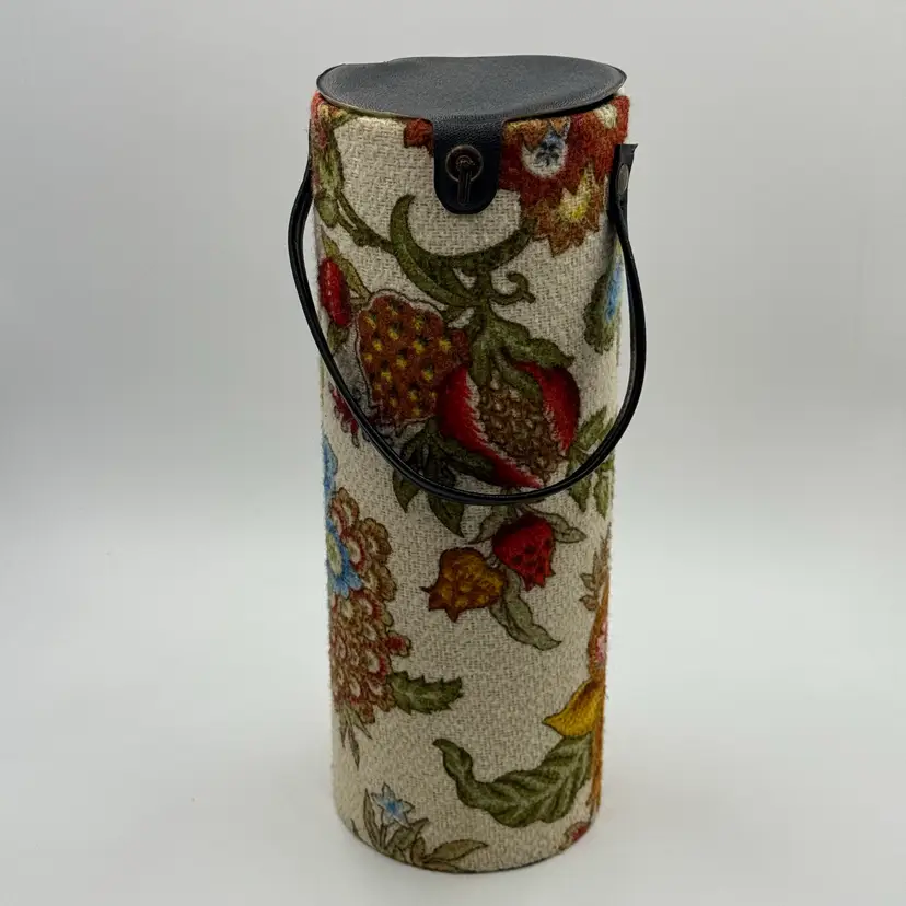 Floral Carpet Tapestry Knitting Needle Vintage MCM Cylinder Case Yarn Holder Caddy 14”