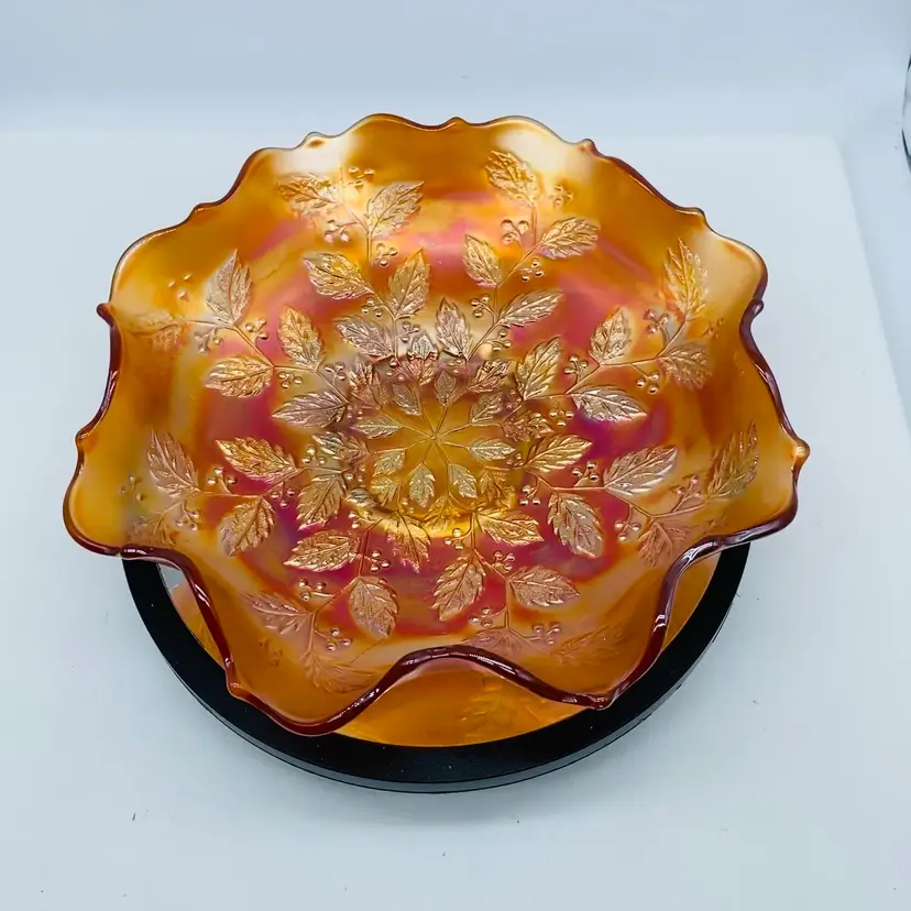 #1120 Fenton Carnival Glass Ruffled Bowl Holly Leaf Pattern Marigold Amber 9" Floral Embossed Bowl
