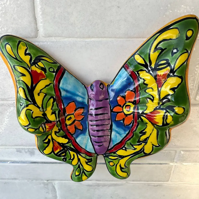 Hand-Painted Talavera Butterfly Wall Hanging – Colorful Ceramic Folk Art 5"