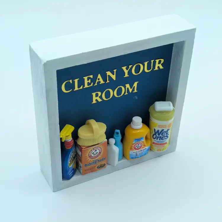 "Clean Your Room" Miniature Cleaning Supplies Block Wall Art