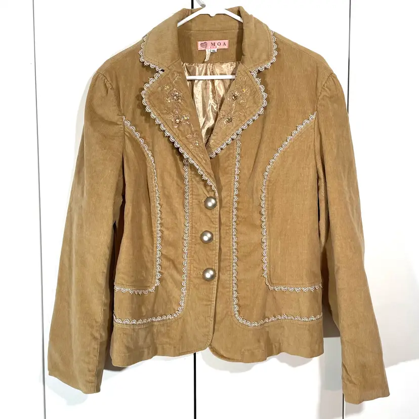 Vintage Women’s XL Tan Corduroy Blazer Jacket Embroidered Lined