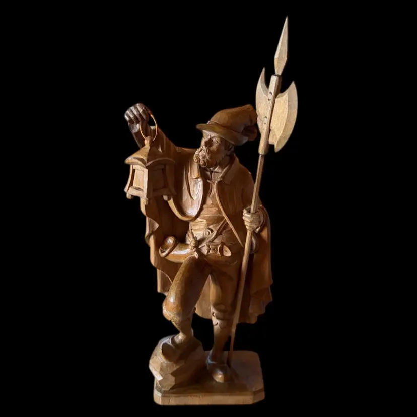 ANTIQUE German 11" HAND CARVED WOOD MEDIEVAL WATCHMAN FIGURE. Ex Condition