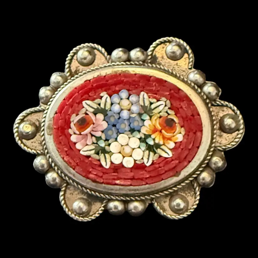 Micro Mosaic Floral Brooch Marked Alpacca 1.5β