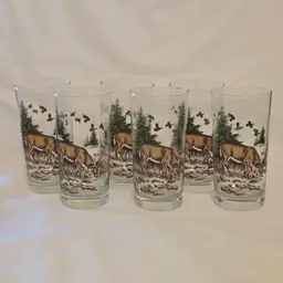 Whitetail Deer Buck Libbey Highball Drinking Glass 5½" Tall set of 6 Vintage