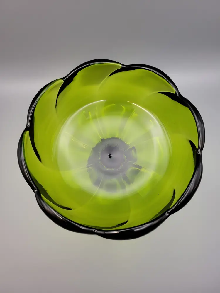 #01 Vintage MCM Viking Avocado Green Glass Swirl Footed Pedestal Dish