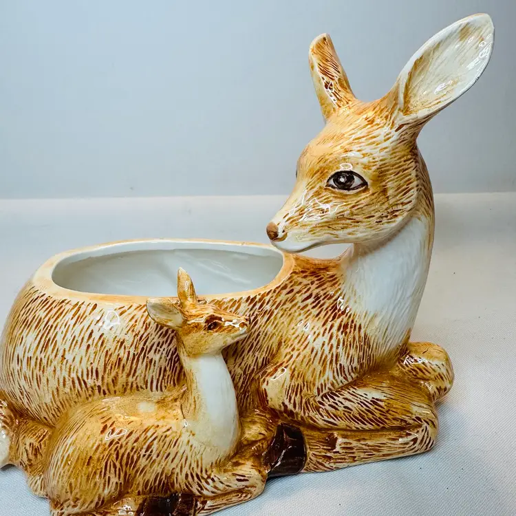 RARE Lucie Sable Imports Taiwan Doe And Fawn Family Ceramic Planter Vintage