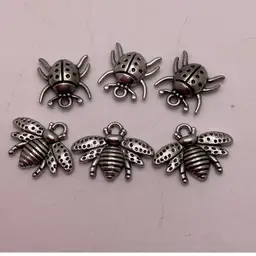 Metal Charms Bees & Ladybugs Silver Tone .5” Set of 6